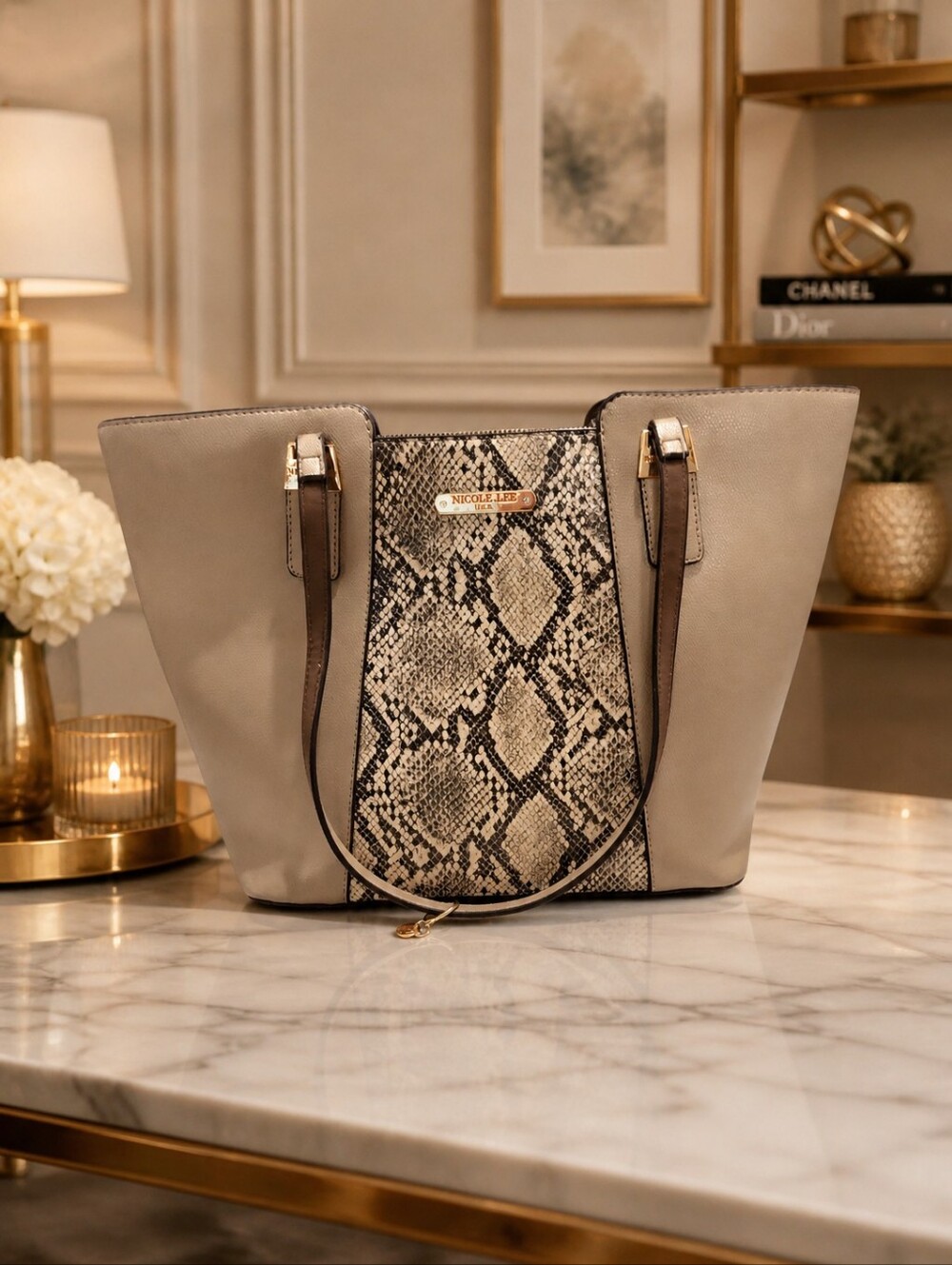 Nicole Lee Taupe Tote with Snake-Print Panel and Dark Brown Straps